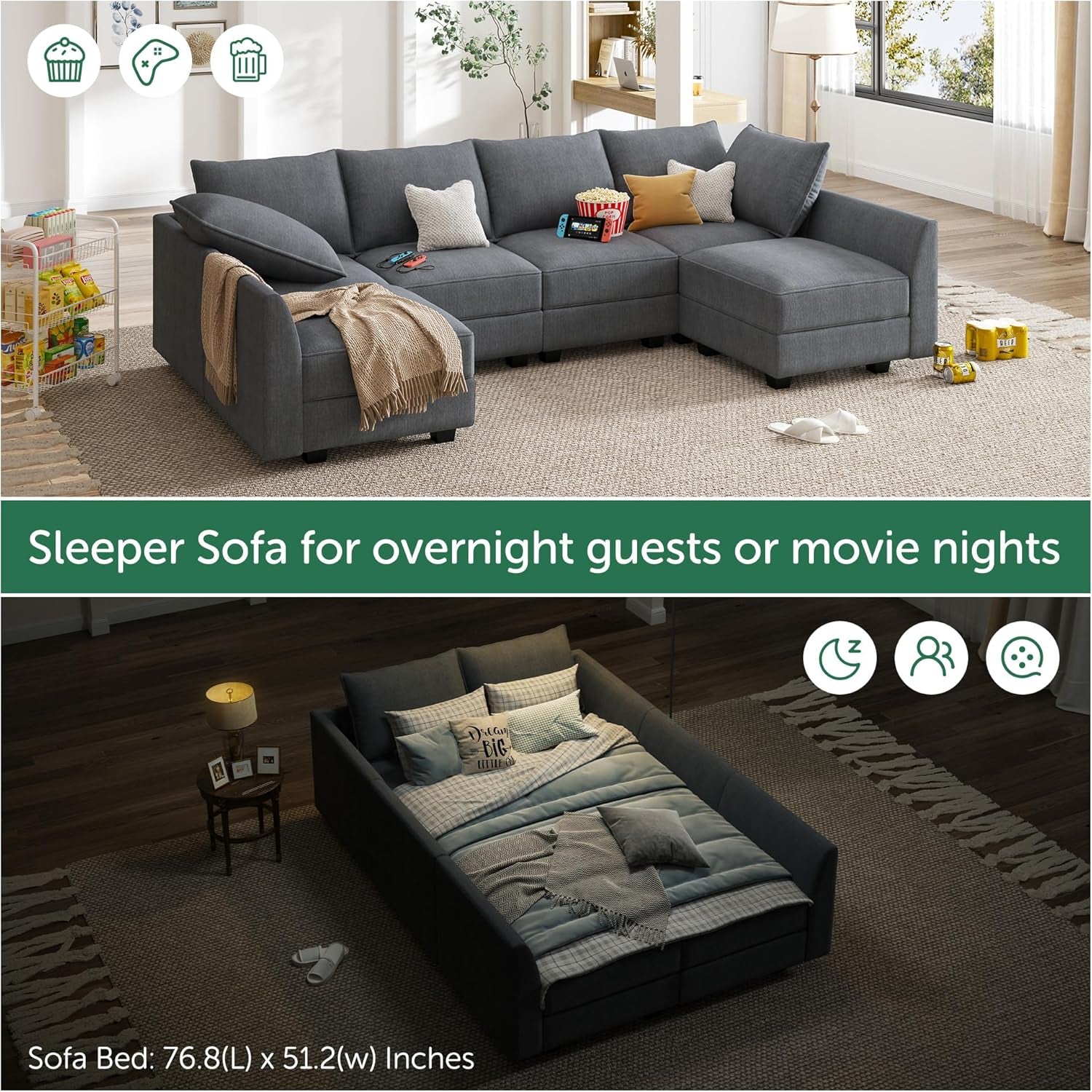 Modular Sectional Couch U-Shaped Modular Sofa, Sectional Couch with Storage Seats Convertible Sofa for Living Room, Bluish Grey