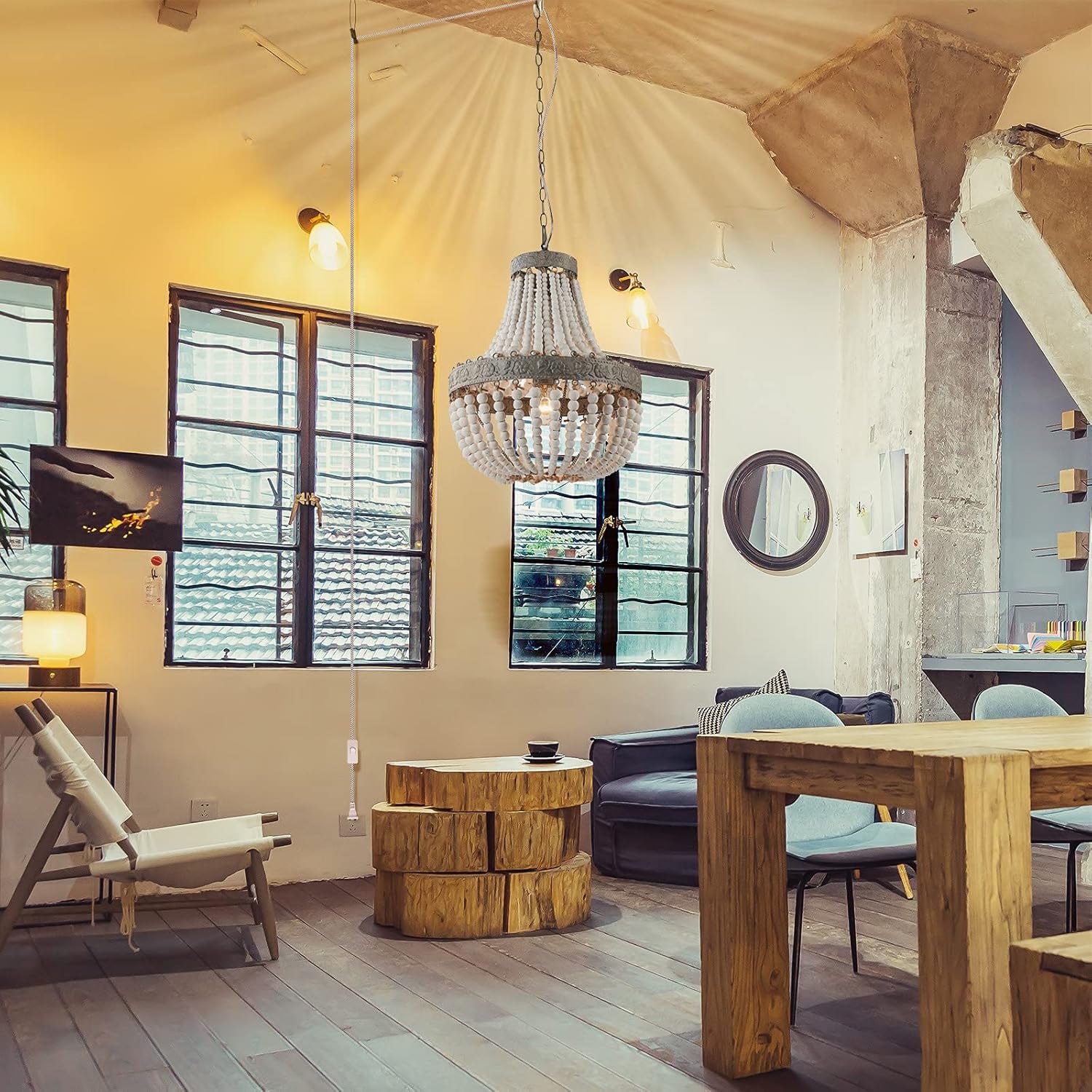 Wood Bead Chandelier Pendant Gray White Finishing Bohemian Boho Beachy Ceiling Lamp Light Fixtures (13.8 In*16.5In-Plug In)