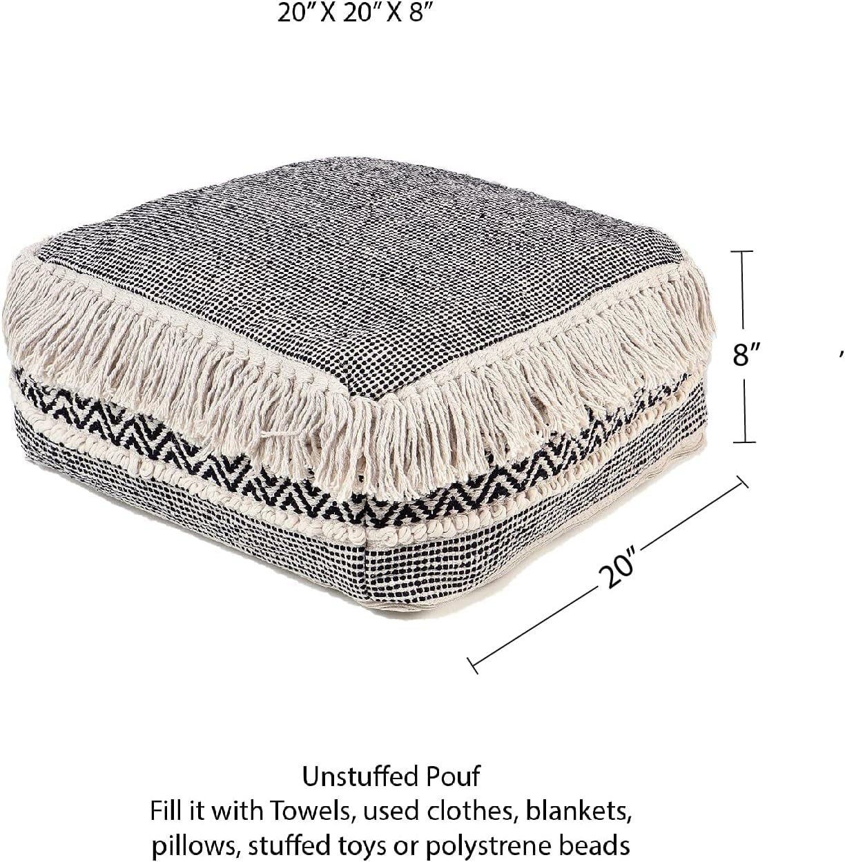 · UNSTUFFED Pouf Ottoman Cover Textured Storage Cube Boho Bean Bag Footrest Stool for Living Room, Bedroom,Nursery, Farmhouse, Kidsroom, Patio, Gym; 100% Cotton (20"X20"X8"; Black)