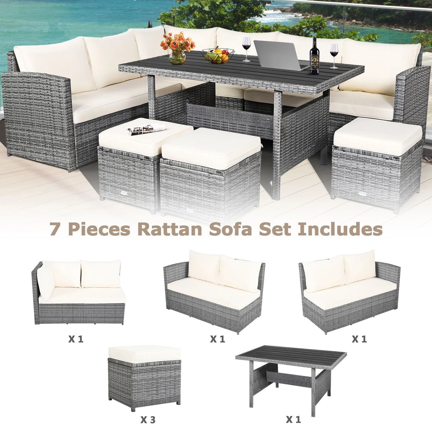 7PCS Rattan Patio Sectional Sofa Set Conversation Set W/ White Cushions