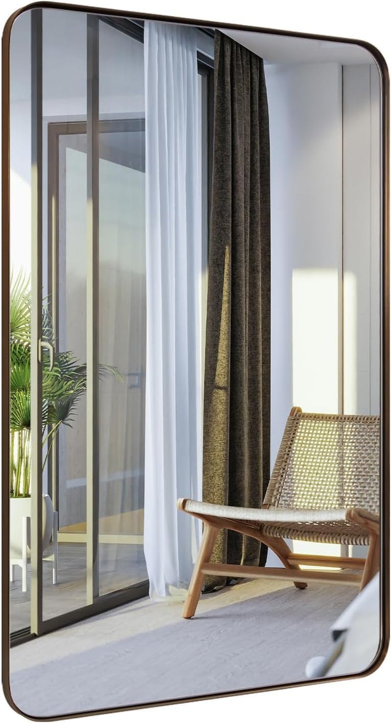 Wall Mirror for Bathroom, 22" X 30" Bronze Bathroom Mirror with Stainless Steel Metal Frame Rounded Corner 1’’ Deep Set Design