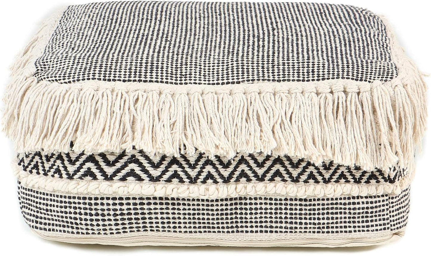 · UNSTUFFED Pouf Ottoman Cover Textured Storage Cube Boho Bean Bag Footrest Stool for Living Room, Bedroom,Nursery, Farmhouse, Kidsroom, Patio, Gym; 100% Cotton (20"X20"X8"; Black)