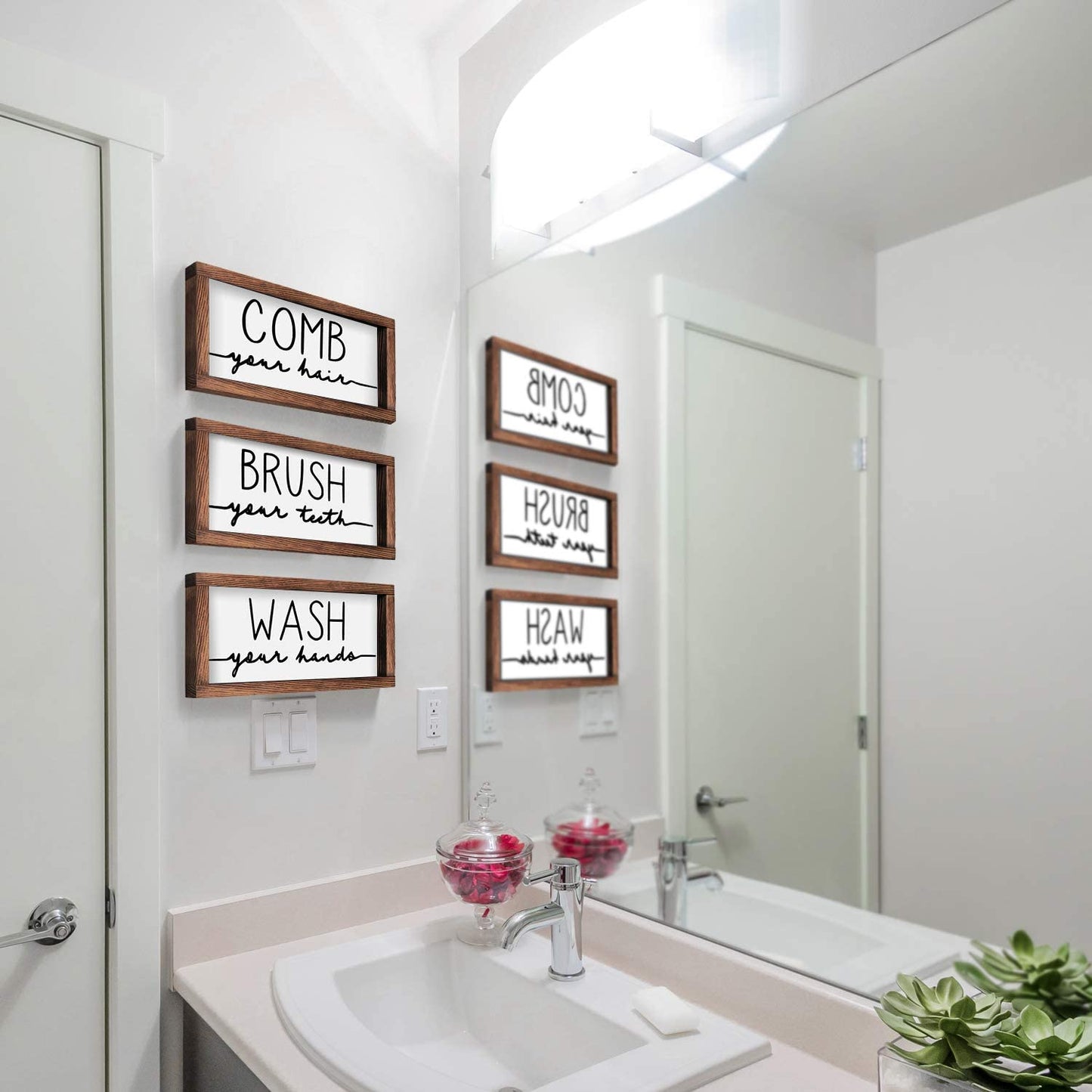 Bathroom Sign & Plaque (Set of 3) Wash Your Hands Brush Your Teeth Comb Your Hair Decorative Rustic Wood Farmhouse Bathroom Wall Decor (White)