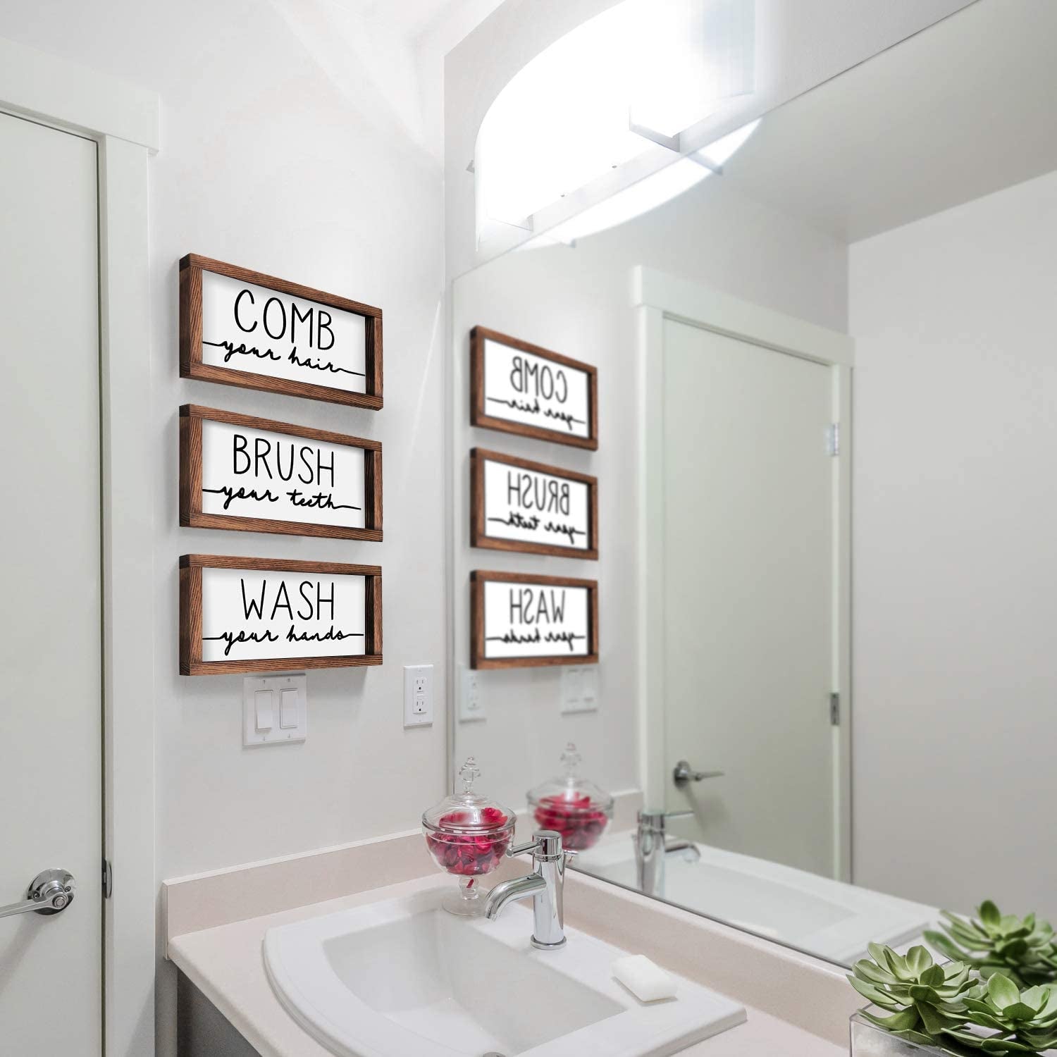 Bathroom Sign & Plaque (Set of 3) Wash Your Hands Brush Your Teeth Comb Your Hair Decorative Rustic Wood Farmhouse Bathroom Wall Decor (White)