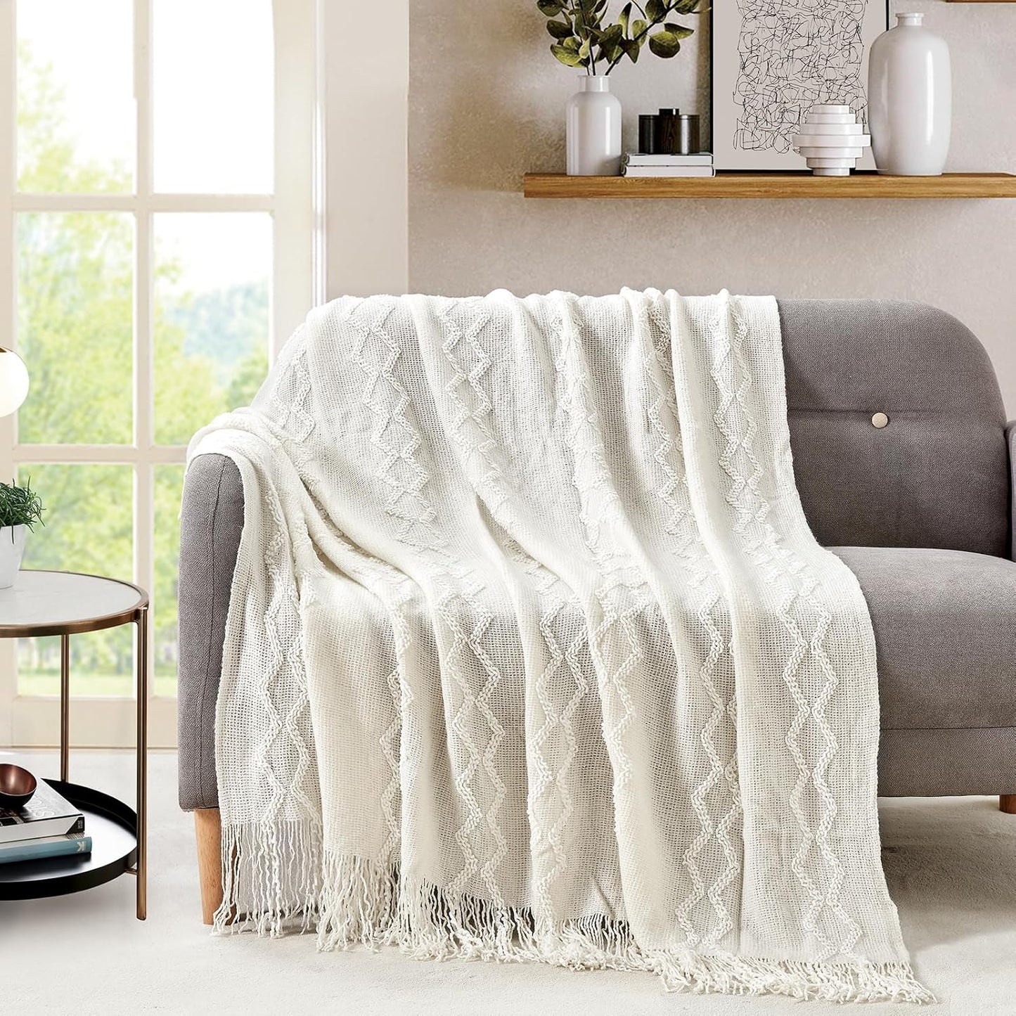 Fluffy Chenille Knitted Fringe Throw Blanket Lightweight Soft Cozy for Bed Sofa Chair Throw Blankets, off White 50" X 60"