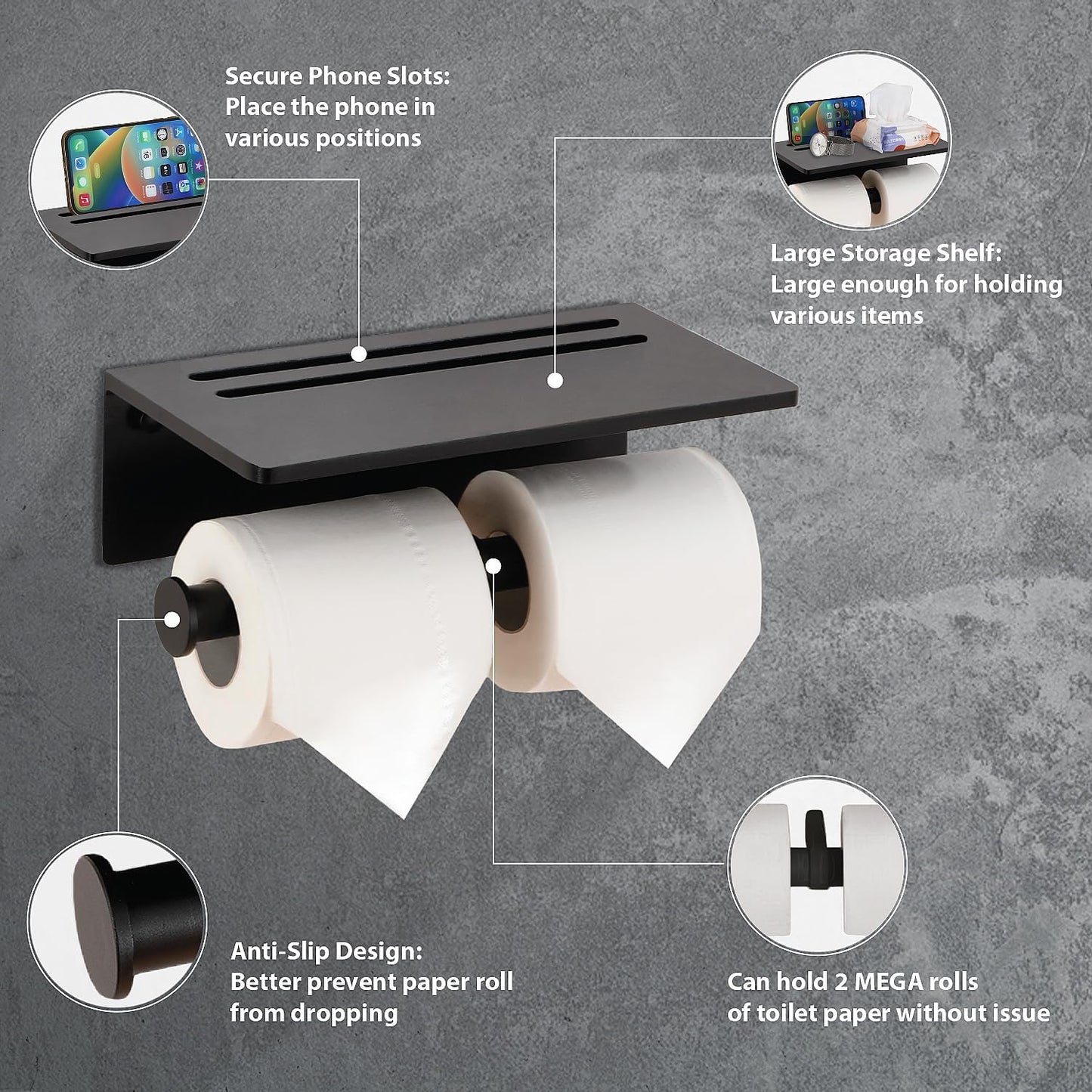 Toilet Paper Holder - Aluminium Double Roll Toilet Tissue Holder with Mobile Phone Shelf for Bathroom, 3M Self Adhesive No Drilling or Wall-Mounted with Screws, Rustproof Modern Style Black