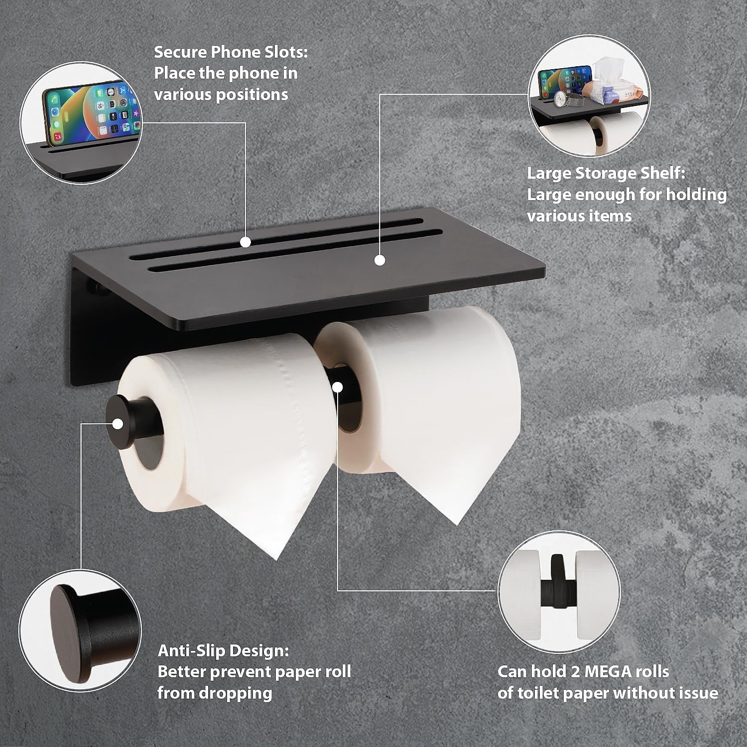 Toilet Paper Holder - Aluminium Double Roll Toilet Tissue Holder with Mobile Phone Shelf for Bathroom, 3M Self Adhesive No Drilling or Wall-Mounted with Screws, Rustproof Modern Style Black