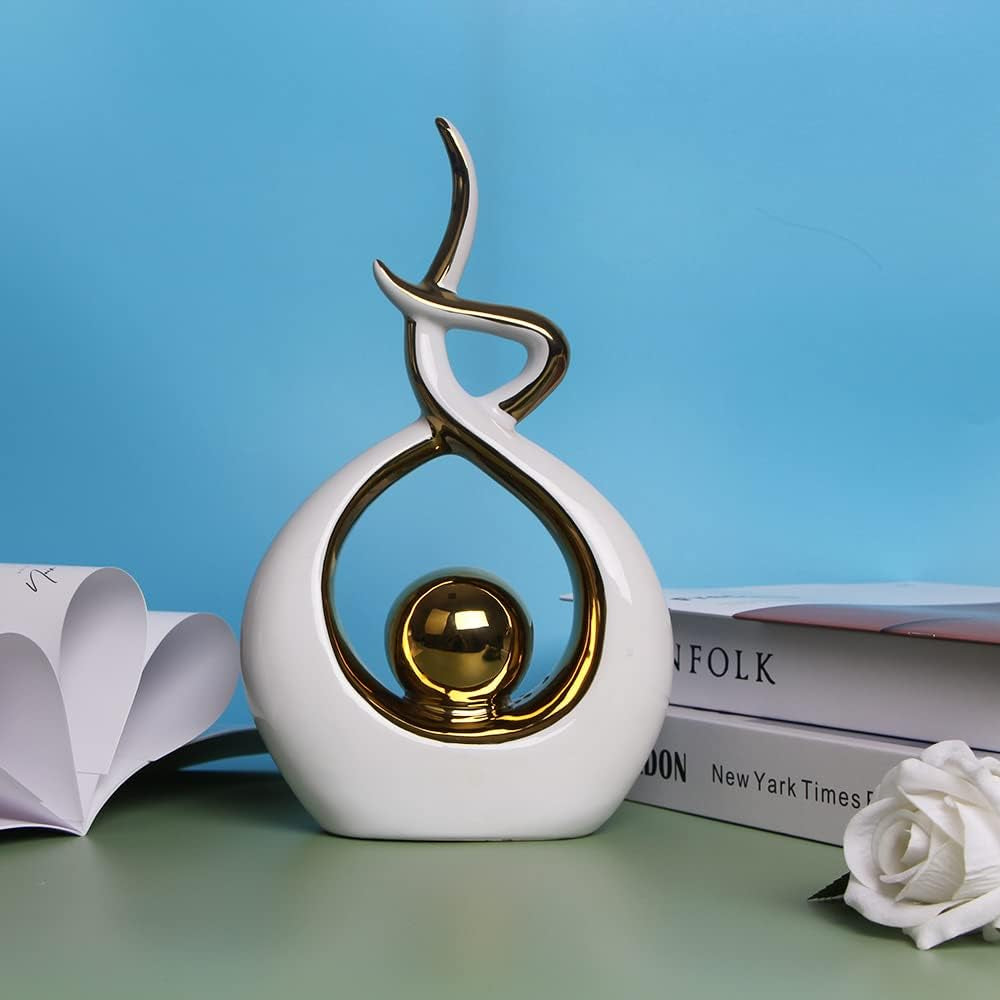 Home Decor Modern Abstract Art Ceramic Statue Table Decorations for Dining Room Living Room Office Centerpiece (White and Gold, Small)