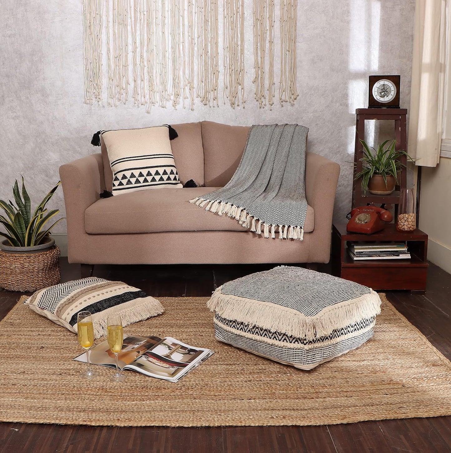 · UNSTUFFED Pouf Ottoman Cover Textured Storage Cube Boho Bean Bag Footrest Stool for Living Room, Bedroom,Nursery, Farmhouse, Kidsroom, Patio, Gym; 100% Cotton (20"X20"X8"; Black)