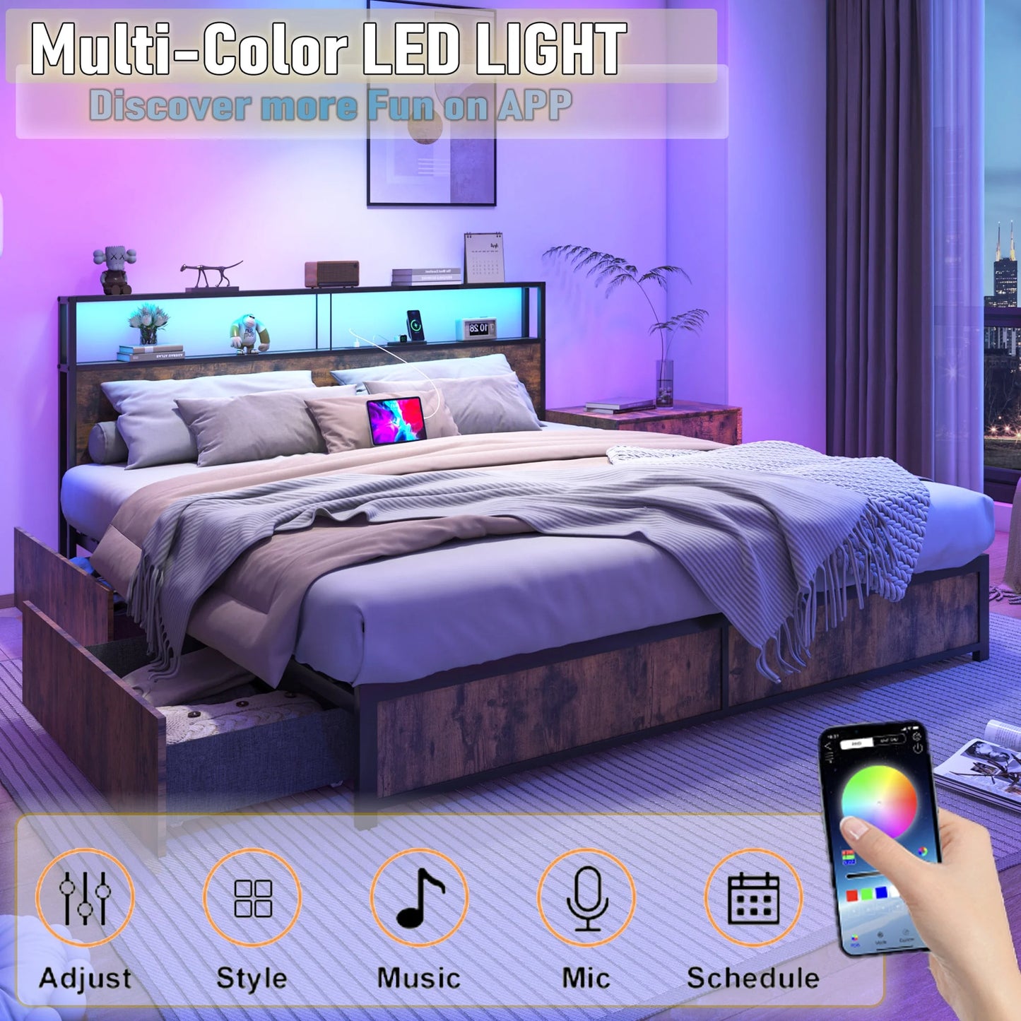 King Size Bed Frame with LED Light & Outlets USB Ports, Metal Platform Bed with Storage Headboard & 4 Large Drawers, No Box Spring Needed