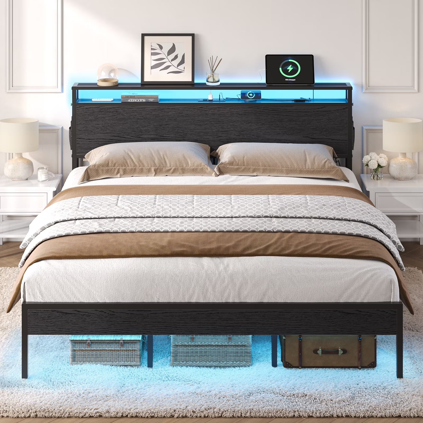 Full Size Bed Frame with Charging Station and 2 USB Ports and Outlets,Led Light Storage Headboard,Noise Free Design, Black