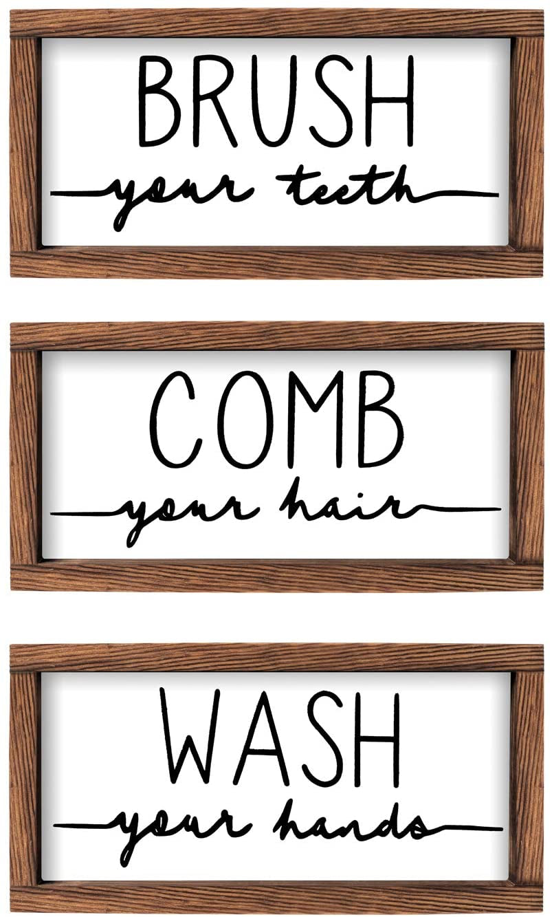 Bathroom Sign & Plaque (Set of 3) Wash Your Hands Brush Your Teeth Comb Your Hair Decorative Rustic Wood Farmhouse Bathroom Wall Decor (White)