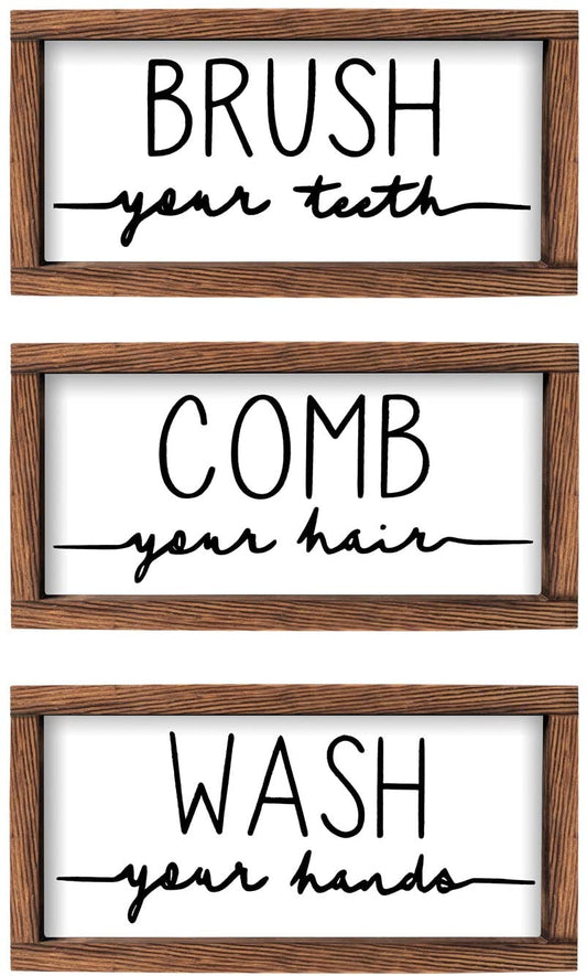 Bathroom Sign & Plaque (Set of 3) Wash Your Hands Brush Your Teeth Comb Your Hair Decorative Rustic Wood Farmhouse Bathroom Wall Decor (White)