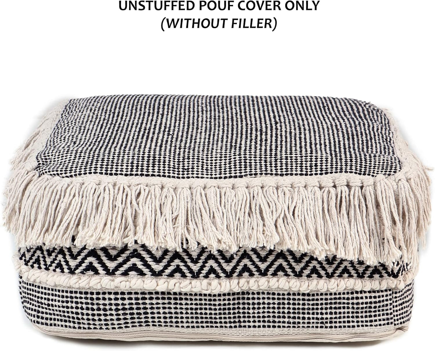 · UNSTUFFED Pouf Ottoman Cover Textured Storage Cube Boho Bean Bag Footrest Stool for Living Room, Bedroom,Nursery, Farmhouse, Kidsroom, Patio, Gym; 100% Cotton (20"X20"X8"; Black)