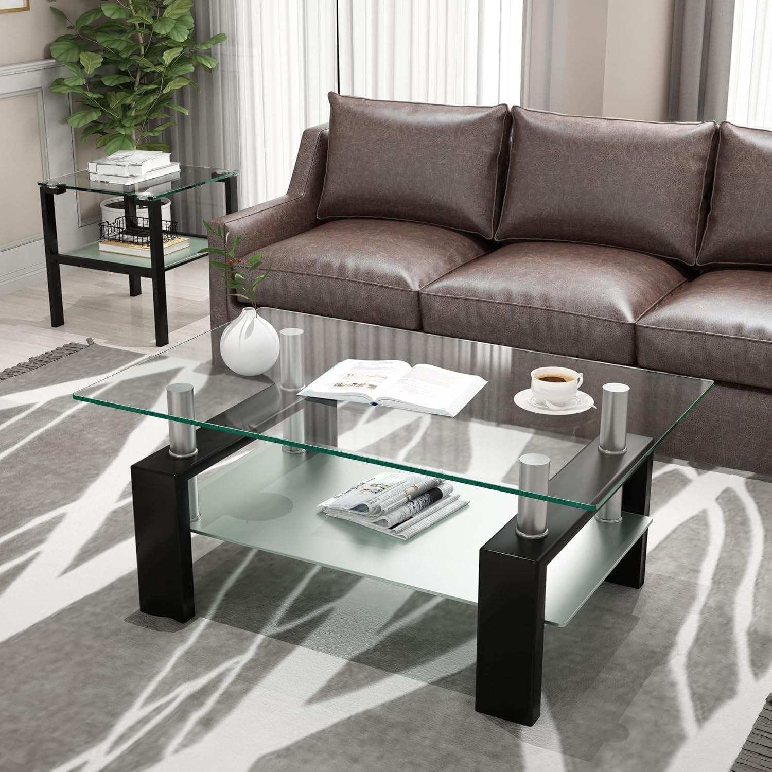 Rectangle Glass Coffee Table 2-Tier Tea Table Modern Side Coffee Table for Living Room Black