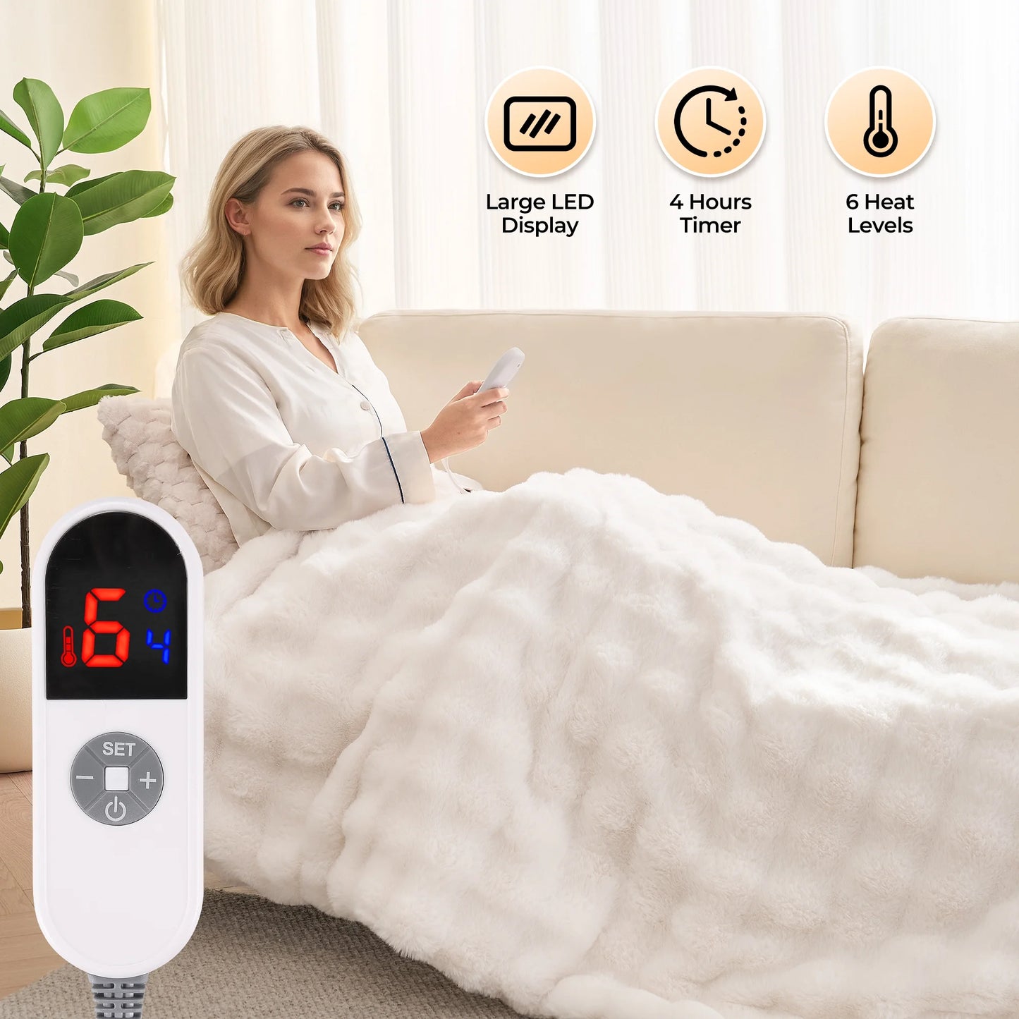 Electric Throw Blanket 50"X60", Faux Fur Heated Throw, 6 Heating Levels, 4 Hours Timer - White