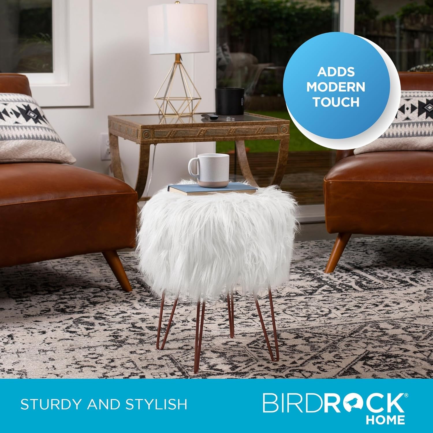 White Faux Fur Vanity Stool Chair