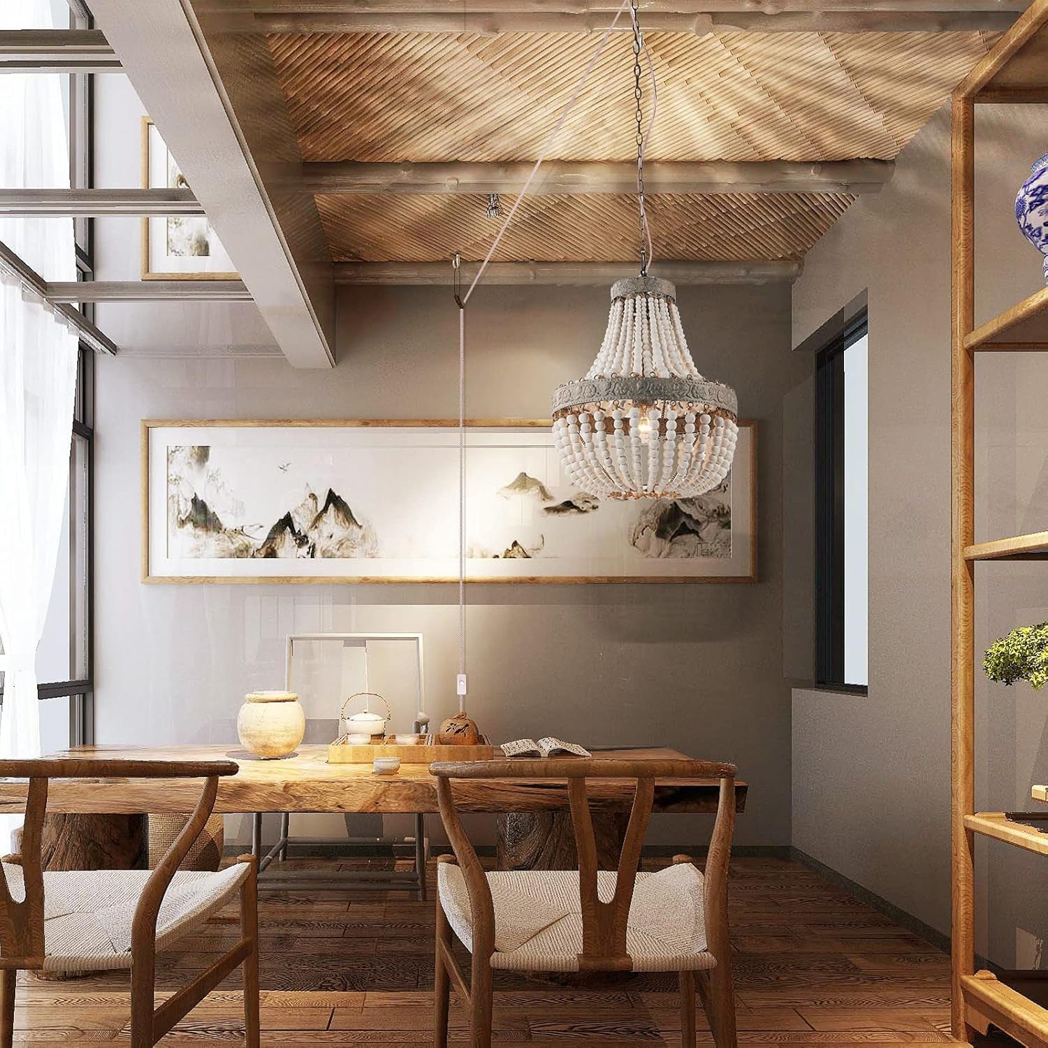 Wood Bead Chandelier Pendant Gray White Finishing Bohemian Boho Beachy Ceiling Lamp Light Fixtures (13.8 In*16.5In-Plug In)