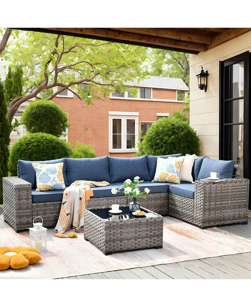 Patio Furniture Set,6 Piece Outdoor Sectional Sofa Couch Set,Patio Conversation Set with Modular Wicker Chairs,Widened Armrest,Side Table,Orange Red