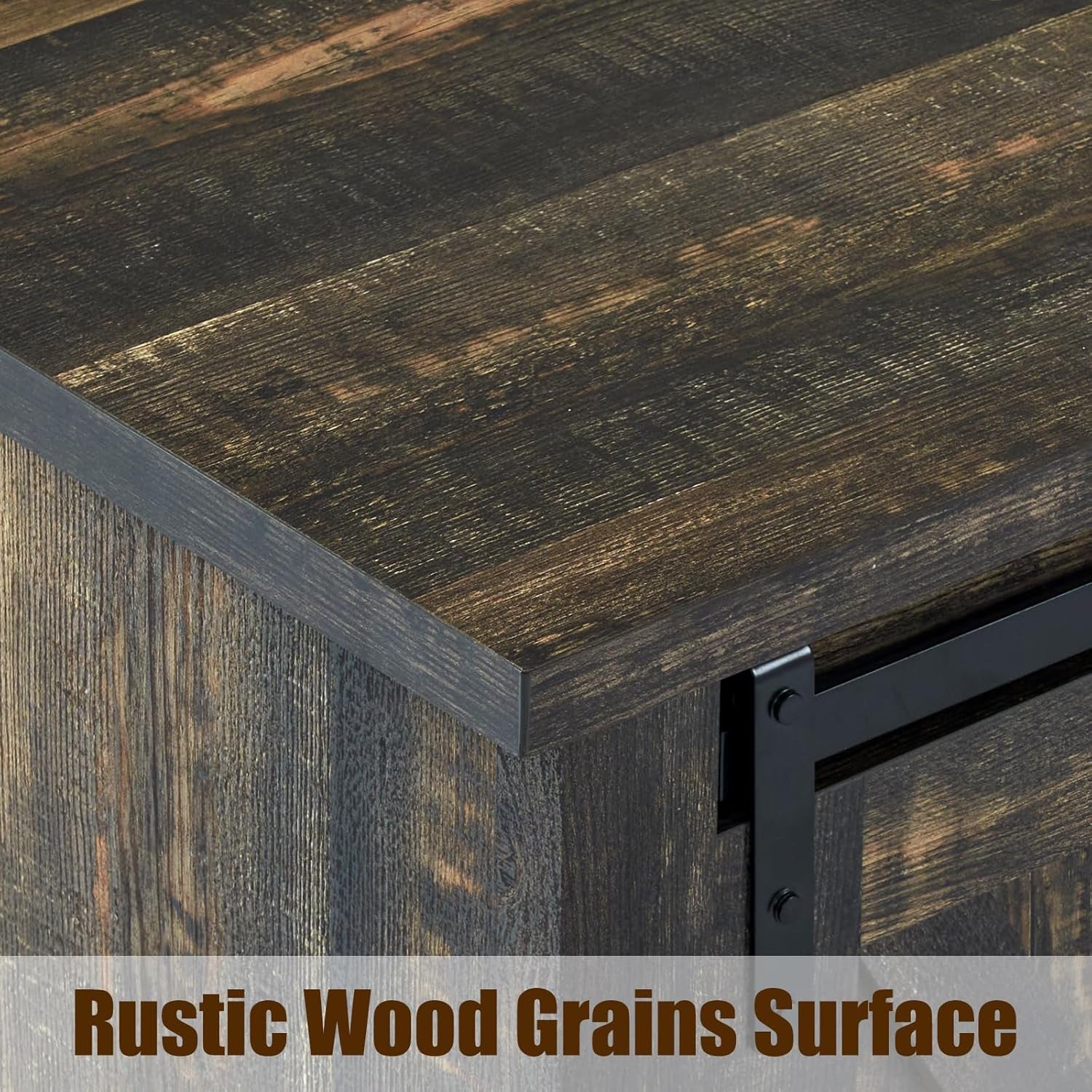 66" Farmhouse TV Stand for 75 Inches Tvs, Entertainment Center with Sliding Barn Door and Adjustable Shelf & Feet, Console Table with Storage, Dark Rustic Oak