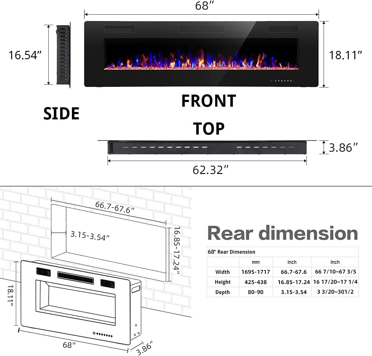 68 Inch Recessed and Wall Mounted Electric Fireplace, Ultra Thin and Low Noise,Fit for 2 X 6 Stud, Remote Control with Timer,Touch Screen,Adjustable Flame Color and Speed