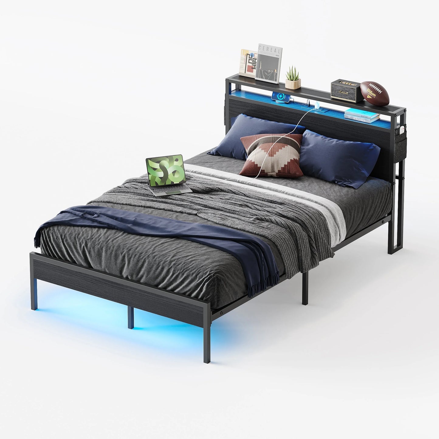 Full Size Bed Frame with Charging Station and 2 USB Ports and Outlets,Led Light Storage Headboard,Noise Free Design, Black