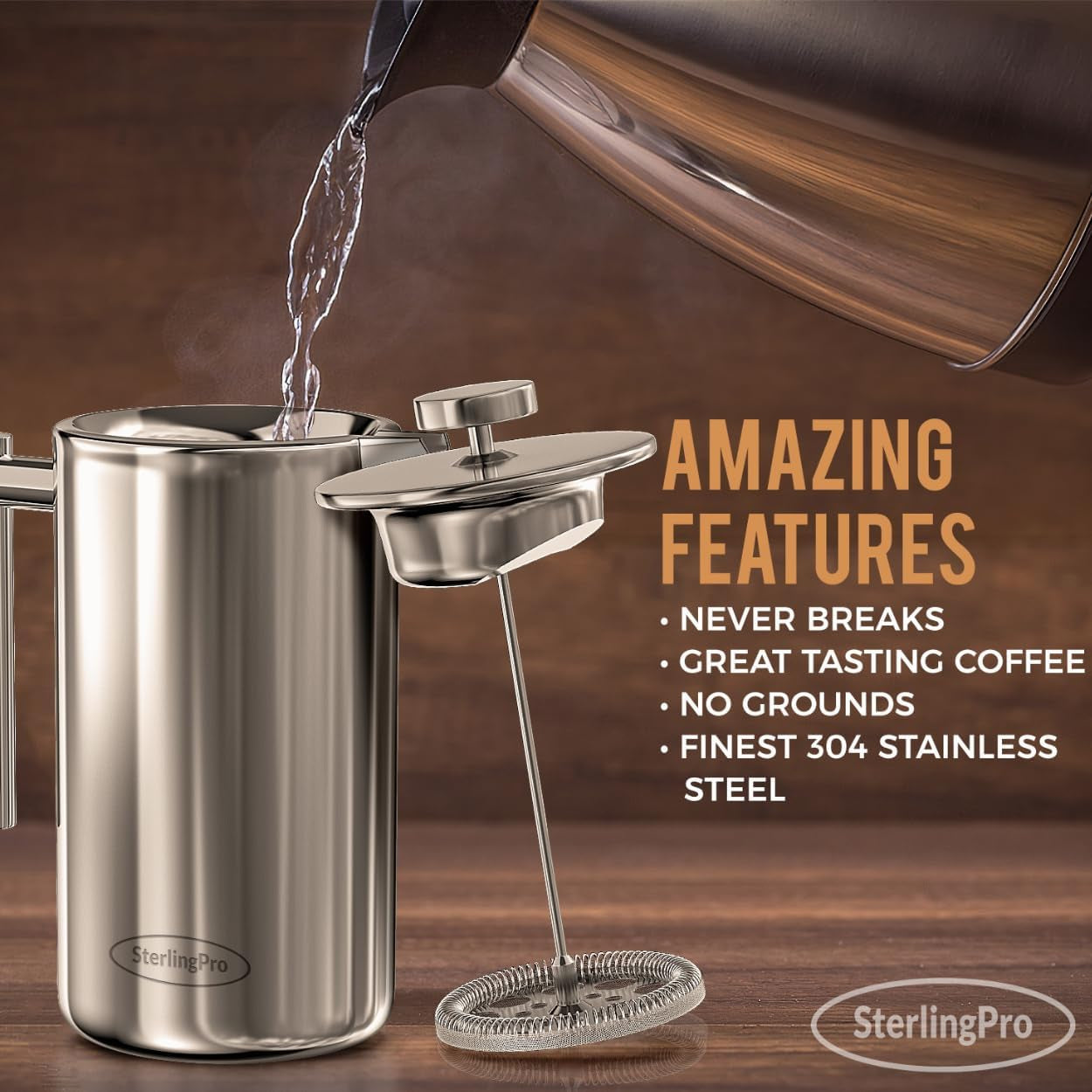 French Press Coffee Maker (1.5L)-Double Walled Large Coffee Press with 2 Extra Filters-Enjoy Granule-Free Coffee, Stylish Rust Free Kitchen Accessory-Stainless Steel (Mirror)