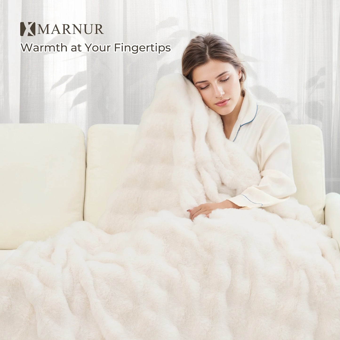 Electric Throw Blanket 50"X60", Faux Fur Heated Throw, 6 Heating Levels, 4 Hours Timer - White