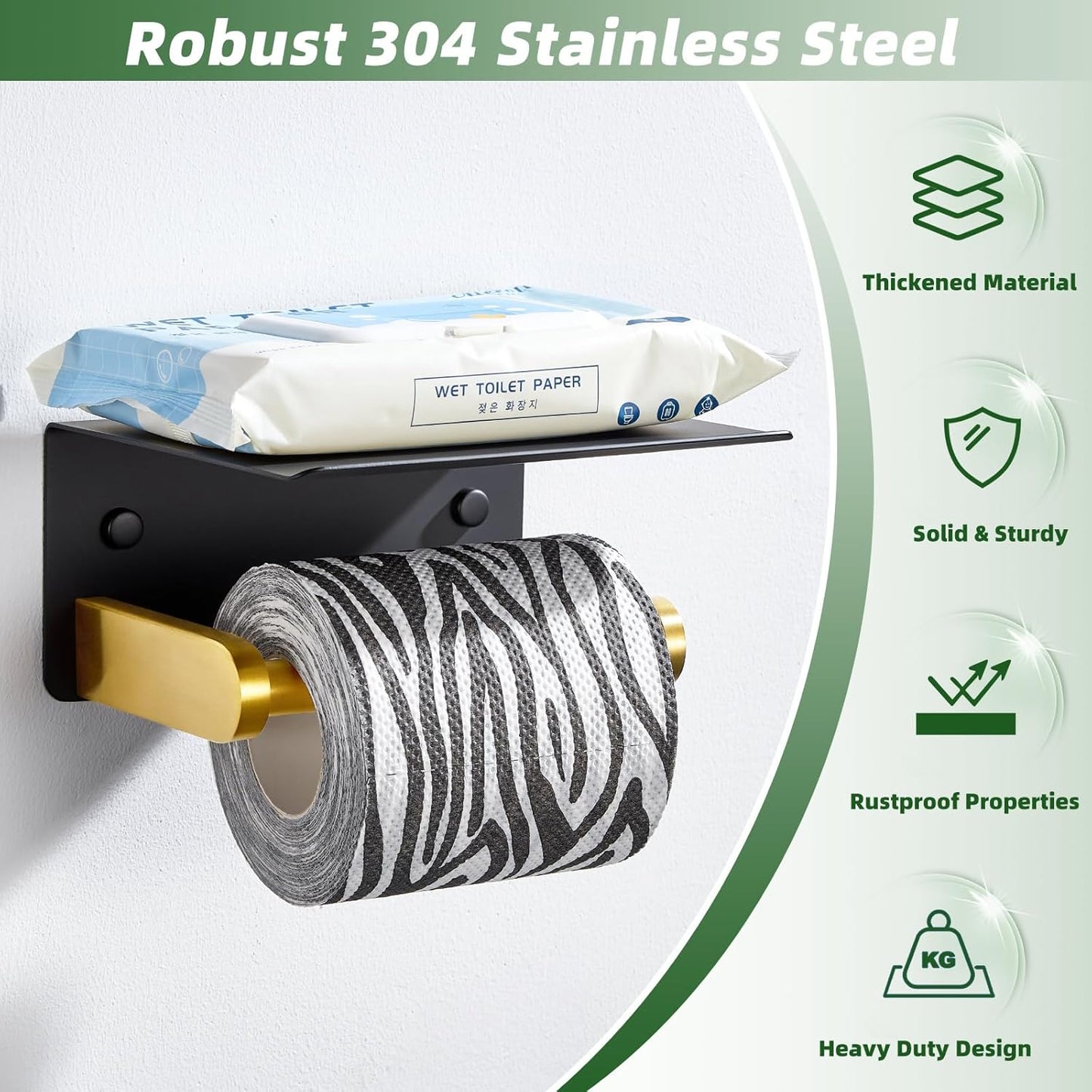 Black Gold Toilet Paper Holder with Phone Shelf, 304 Stainless Steel Bathroom Paper Holder Wall Mounted, Heavy Duty Tissue Roll Dispenser