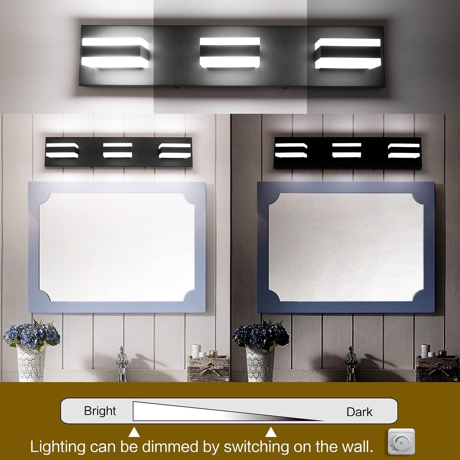 Black Bathroom Vanity Light Fixtures over Mirror LED Dimmable 3 Lights Bath Lighting Restroom Light Modern Vanity Lights for Bathroom Bath Lights