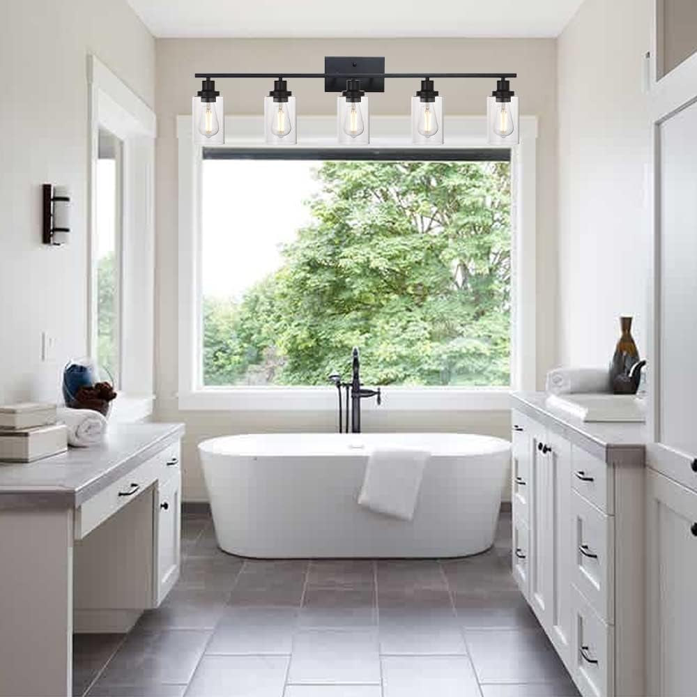 40 Inches Length 5-Light Bathroom Vanity Light Fixtures Black Industrial Wall Sconce Lighting with Clear Glass Shade for Living Room Bedroom Hallway Kitchen (Patent No.: US D963914 S)