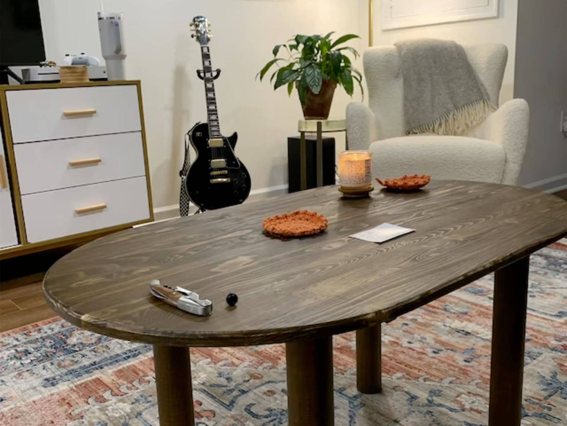 Oval Low Coffee Table Walnut Wood, Mid Century Modern Coffee Table, Unique Center Table Home Livingroom Furniture, Wooden Large Coffee Table