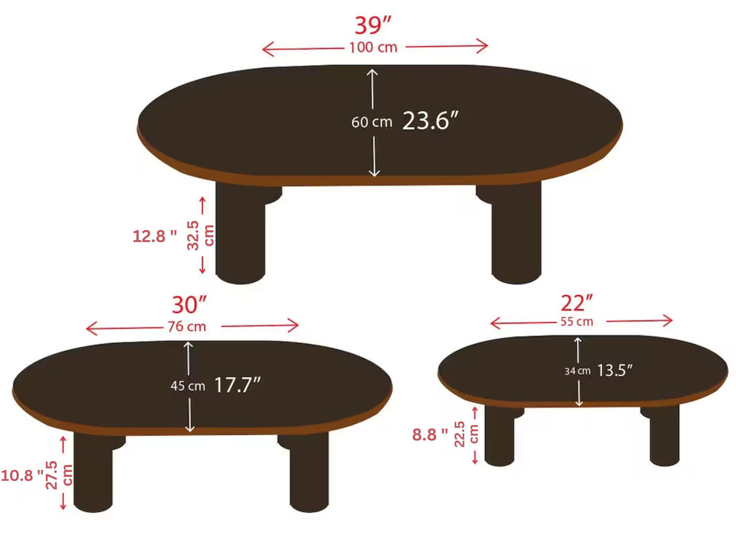 Oval Low Coffee Table Walnut Wood, Mid Century Modern Coffee Table, Unique Center Table Home Livingroom Furniture, Wooden Large Coffee Table